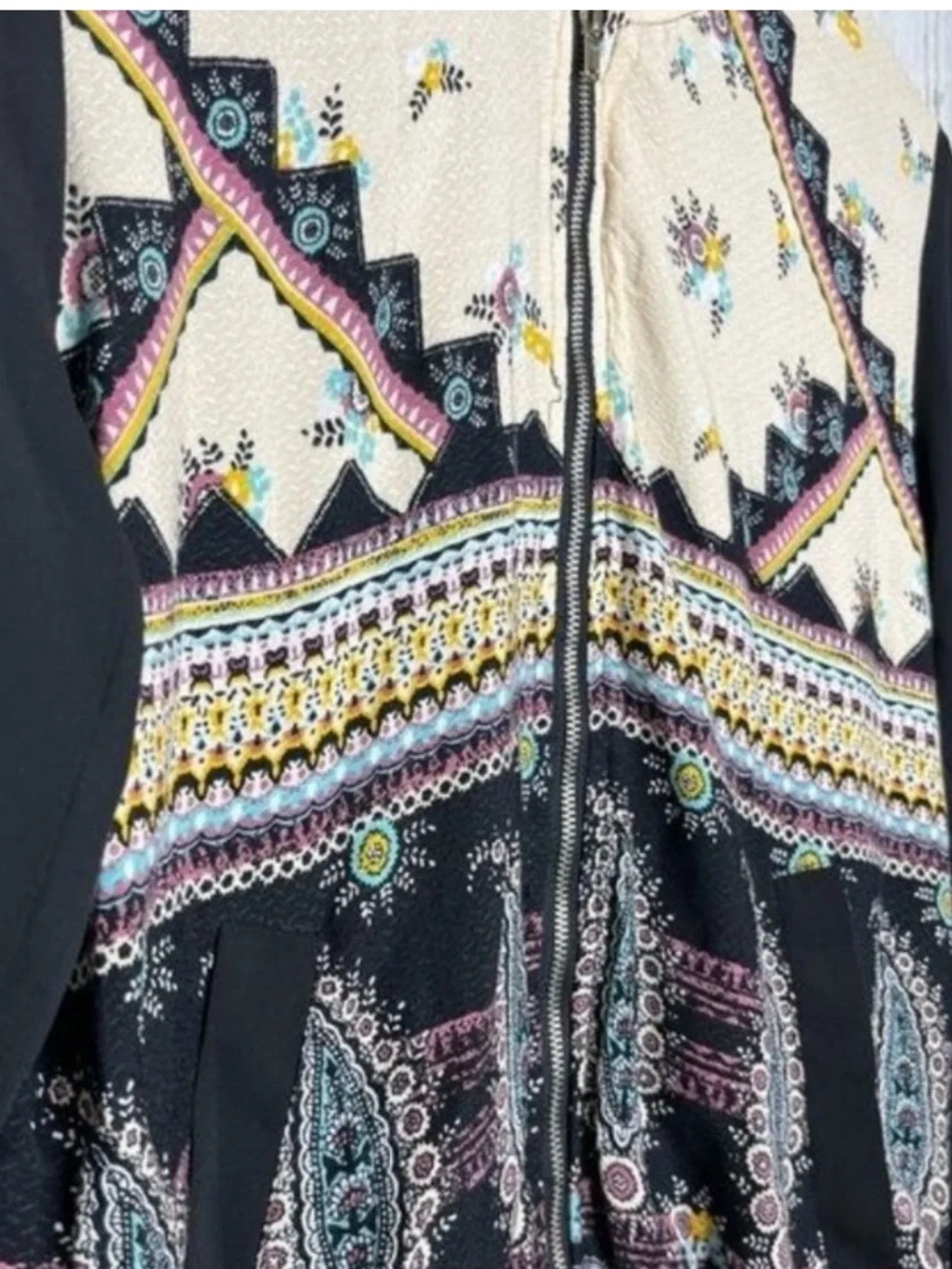 Society Girl Women’s Small Boho Paisley Floral Zip Bomber Jacket Black